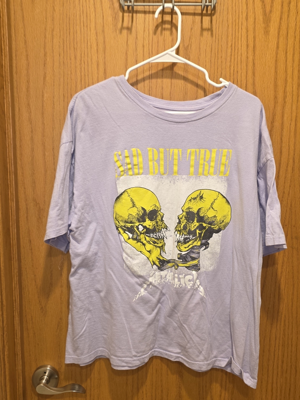 Metallica Sad But True Lavender Graphic Tee with Yellow Skull Print